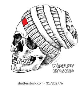 Image of the skull in the knitted hipster hat. Black and white. Vector illustration.