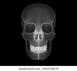 The image is a skull made in the form of a grid frame on a black background. It is a digital 3D model demonstrating the modeling technique. Vector illustration.