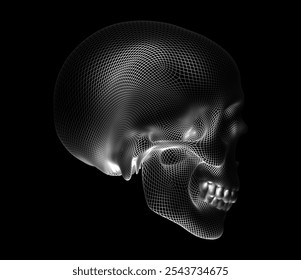 The image is a skull made in the form of a grid frame on a black background. It is a digital 3D model demonstrating the modeling technique. Vector illustration.