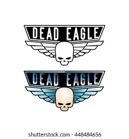 Image of a skull on the background of steel wings and inscriptions in the form of metal plates. Layout logo