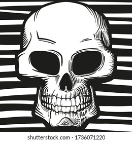 Imagen de un cráneo en un fondo a rayas. Avatar de medios sociales.