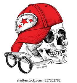 Image of skull in red cap with glasses. Vector illustration.