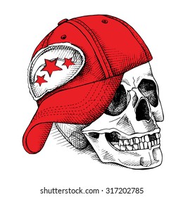 Image of skull in red cap. Vector illustration.