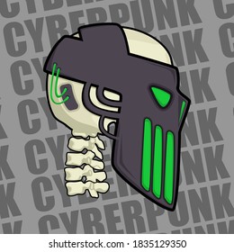 Image of the skull in the style of cyberpunk in a metal helmet and wires. Images for various purposes, games, websites, and more. Vector illustration.