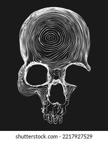 The image of a skull woven from many white lines on a black background. he concept of death, horror. Spooky Halloween symbol, virus. Design materials. Vector illustrator.