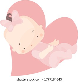 image of sleeping cartoon female toddler in pink clothes with big pink heart background.stock isolated illustration on white background for printing on postcards,websites,shop advertisements,cartoon