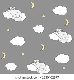Image with sleeping cat. The character of cute cat sleeping on clouds. Good night illustration for baby textile design, wallpaper and other. Vector illustration. 