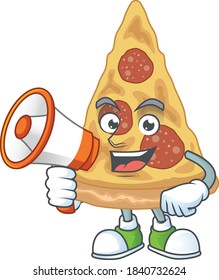 An image of slice of pizza cartoon design style with a megaphone. Vector illustration