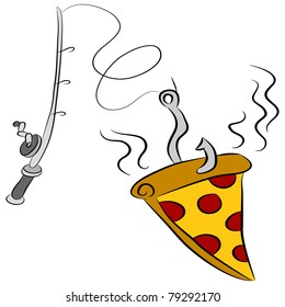 An image of a slice of pizza dangling on a fishing pole hook.