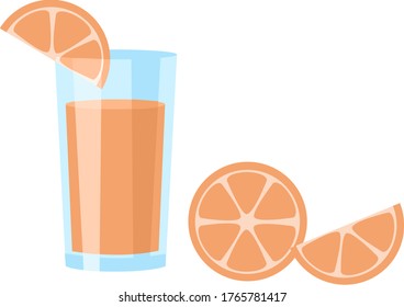 image of sliced ​​orange, next to which is a glass cup in which orange juice is poured.stock isolated illustration on white background for printing on postcards, websites, shop advertising in cartoon 