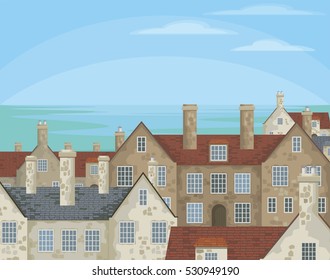 Image of small English villages with old stone houses. Town landscape. Vector illustration.