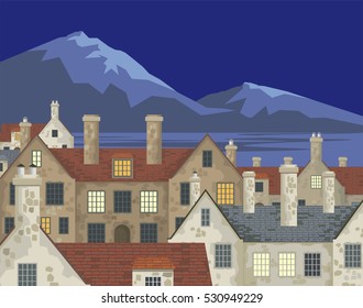 Image of small English villages with old stone houses. Night townscape. Vector illustration.