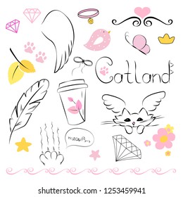 Image with small illustrations of cats, wings and another beautiful things. 