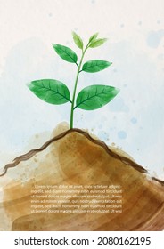 Image of small plant growing in a soil and draw in water colors style on white paper pattern background. Card and poster's campaign of world soil day in vector design.