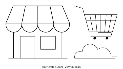 Image of a small shop with an awning beside a floating shopping cart and cloud. Ideal for online shopping, retail stores, e-commerce, marketing, and business promotion. Simple line art style