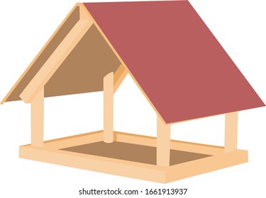 image of a small wooden bird feeder with a bright red roof.stock isolated illustration on white background for printing on postcards,websites,shop advertising in cartoon style.
wooden feeding house