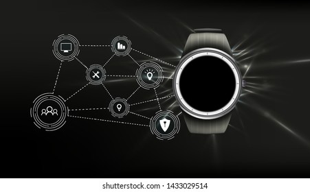 Image of smart watch, and illustration of watch capabilities, calls, location and management. Vector illustration.