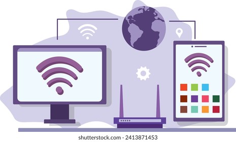 Image of smartphone, computer, router with Wi-Fi connection in purple background. Vector illustrator.