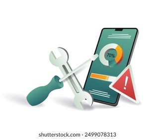 Image of smartphone, wrench, and bar graph, representing innovation and progress