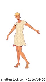Image of smiling active young female character with short blonde hair in summer dress dancing on yellow background as power of positive thinking