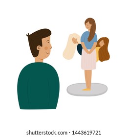 image of smiling boy looking at his darling, shy girl with long chestnut hair looking down and her girlfriends or sisters with light and dark hair watching guy, observe and evaluate it. 