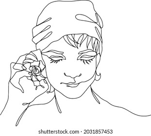 The image of smiling boy with a sea shell, who listened to the sounds of the sea. Continuous single-line vector, black and white vector image.