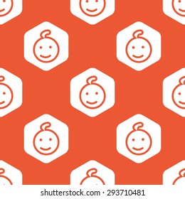 Image of smiling child face in white hexagon, repeated on orange background