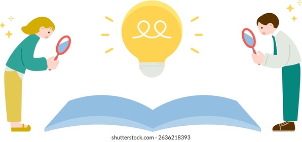 Image of a smiling man and woman with a problem solved and an answer found by looking it up in a book.