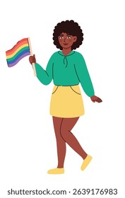 Image of smiling woman holding lgbt flag. Pride month celebration. Flat vector illustration.