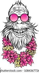 Image of smiling Yeti in sunglasses and hawaiian lei.