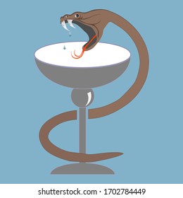 Image of a snake crawling on a medical bowl. Snake with open mouth and poison dripping into a bowl. Flat design, vector illustration, vector.