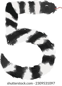 the image of a snake on the number five (5). The Malayan krait has black and white on the body and tail, hand drawing cartoon.