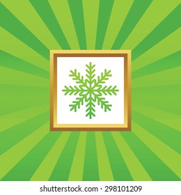 Image of snowflake in golden frame, on green abstract background