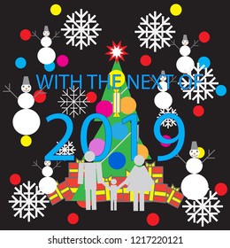 Image of snowflakes, trees, snowmen, gifts and family. Background for the designer. New year greetings. Beloved family together.
