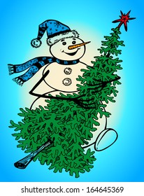 Image of a snowman in the cap that carries a Christmas tree.
