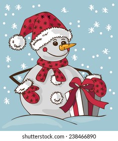 image of a snowman in hat and mittens with gift