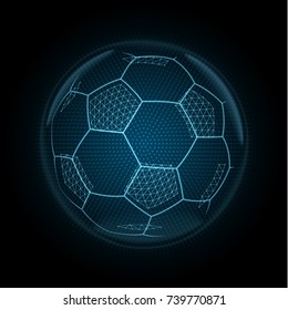 Image of a soccer ball made of illuminated shapes. Sport illustration consisting glowing lines, points and polygons in the form of football ball. Abstract neon wireframe concept.