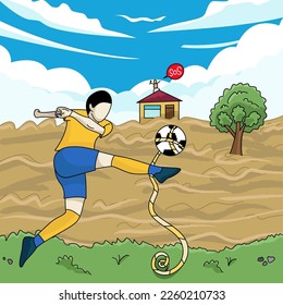imagen de un futbolista salvando a las víctimas de las inundaciones, usando una pelota y una cuerda.
ilustración del desastre de la inundación, equipo de rescate.