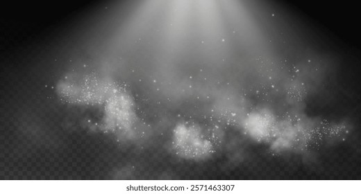 An image of soft beams of light illuminating mist and glitter-like sparkles, creating a magical and ethereal atmosphere on a dark, transparent background.
