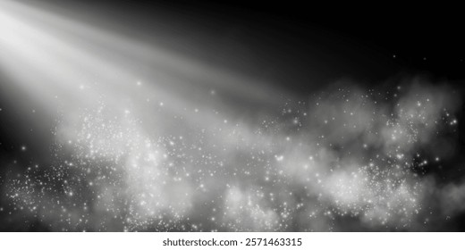 An image of soft beams of light illuminating mist and glitter-like sparkles, creating a magical and ethereal atmosphere on a dark, transparent background.
