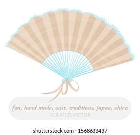 Image of  soft beige open fan. Blue lace on the edge. Oriental handmade item. Isolated vector.