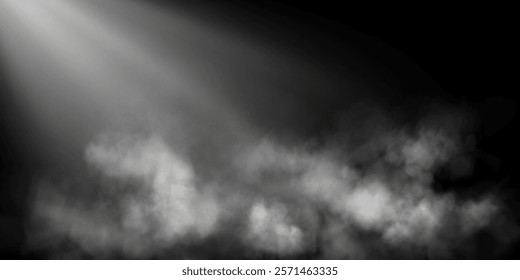 Image of soft rays of light illuminating fog and light haze, creating a magical and ethereal atmosphere on a dark transparent background.