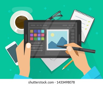 Image software editor flat vector of photo or graphic on digital tablet illustration, drawing picture graphic tablet pen screen and design editing program on workplace desktop table desk design