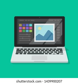 Image software editor or photo or graphic design editor on computer pc vector illustration, flat cartoon laptop screen with picture editing software or program isolated 