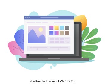 Image software photo editor online vector on laptop pc or computer artist studio picture creating and digital drawing program flat cartoon, concept of photographer soft on colorful background 