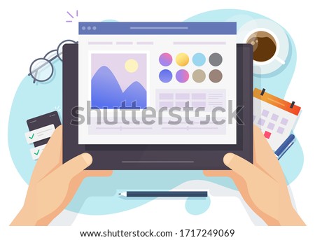 Image software photo editor online vector above designer workplace table desk and digital tablet computer screen or artist picture creating and drawing program top view desktop flat cartoon modern