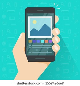 Image software photo picture editor or graphic edit on mobile phone app or cellphone application program vector illustration, flat cartoon smartphone screen with design