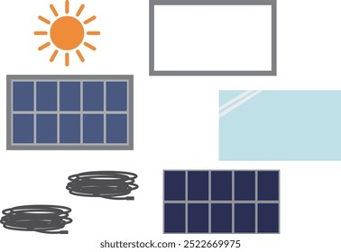 Imagem de um painel solar e suas partes desmontadas