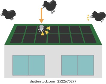 Image of solar panels on a house being broken by a stone thrown by a crow