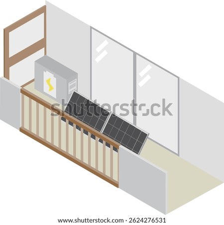 Image of solar panels and storage batteries installed on the balcony of an isometric apartment building